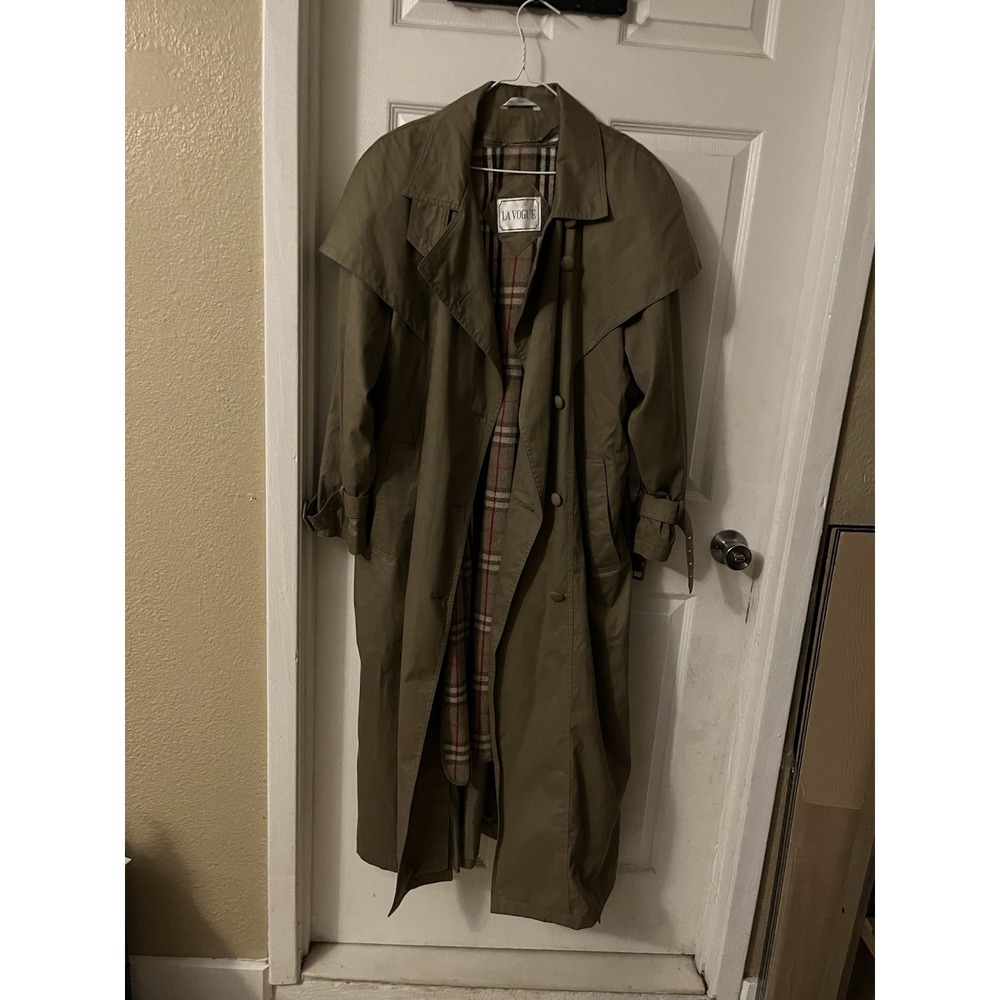 La Vogue Water Repellent Plaid Lined Trench Coat Beige Button Belted 12